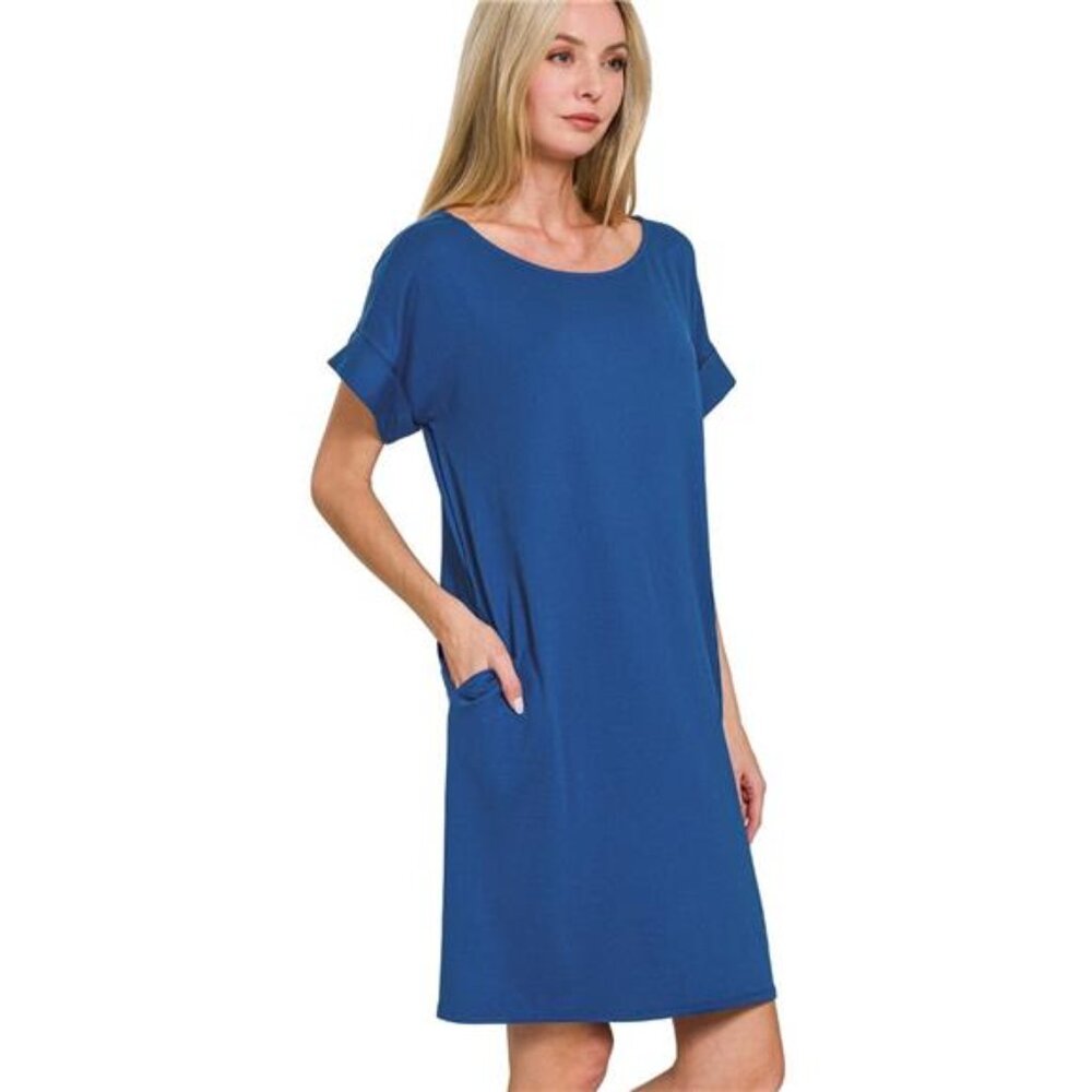 Zenana Rolled Short Sleeve Round Neck‎ Dress